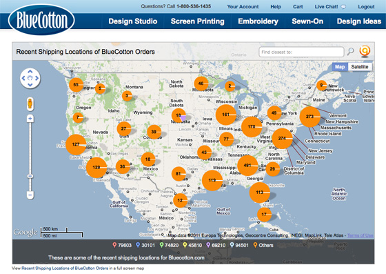 BlueCotton Map of Recent Shipping Locations