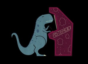 a t-rex playing the arcade game asteroids