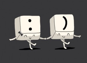 colon and parenthesis computer buttons holding hands