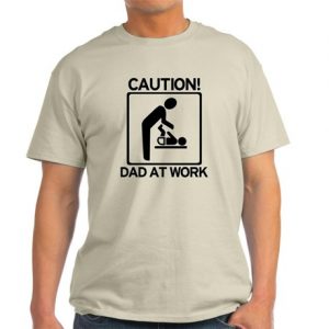 Symbolic image of dad changing diaper, similar to construction sign. Words: Caution! Dad at work.