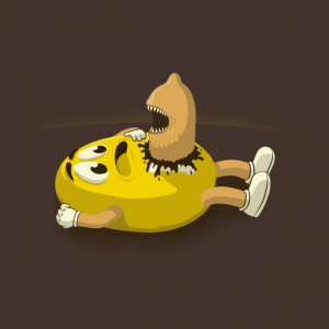 Yellow M&M with a peanut as a chestburster