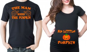 Couple shirts. Man’s: The man behind the pumpkin. Woman’s: On her abdomen: My little pumpkin