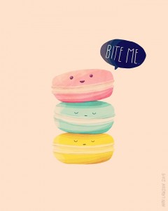 Stack of cute macarons, top one saying “bite me” with pleasant smile, bottom ones looking depressed