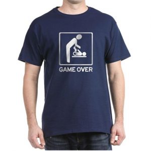 Image like construction sign of dad changing diaper. Reads: GAME OVER.