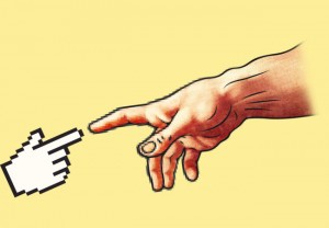 a computer hand touching a real hand