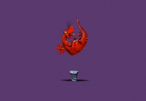 a dragon falling into a wastebasket