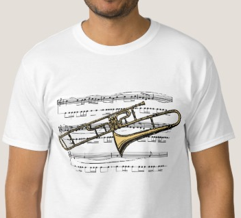 t-shirt: trombone in front of sheet music