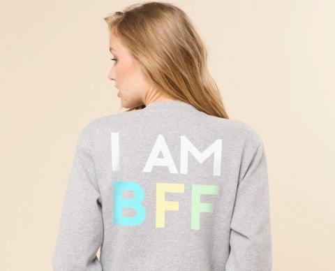 Sweater back says "I Am BFF"