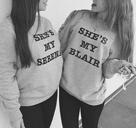 Matching sweaters say "She's my Serena" and "She's my Blair"
