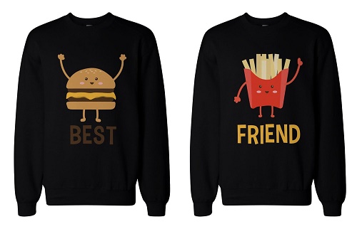 Matching sweaters. Picture of hamburger: "best." Picture of fries: "friends."