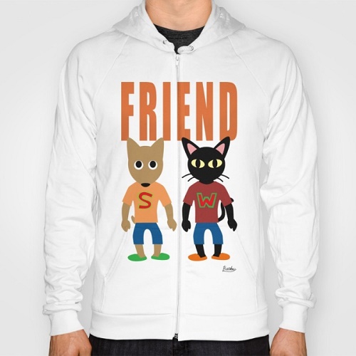 sweater with drawings of dog and cat says "FRIEND"