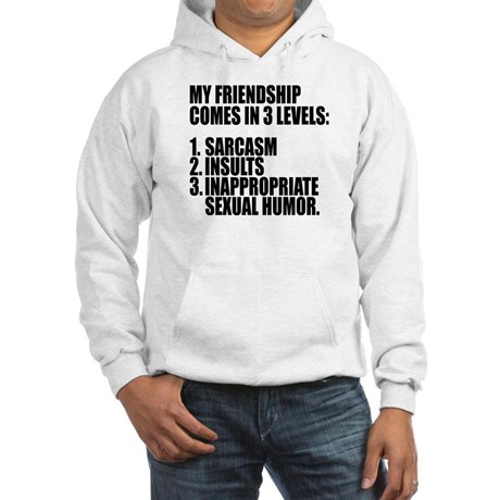 sweater says "My friendship comes in 3 levels: sarcasm, insults, inappropriate sexual humor."