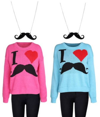matching outfits with "I heart mustache" sweaters