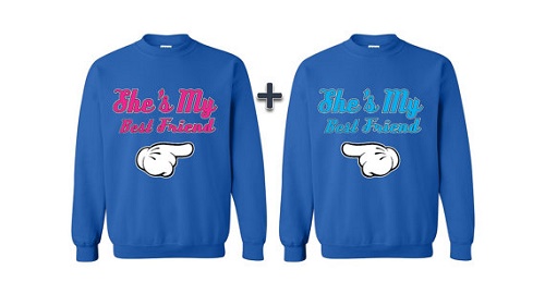 Matching sweaters point toward each other and say "She's my best friend."