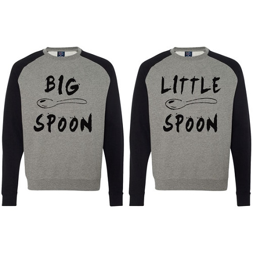 Matching sweaters say "big spoon" and "little spoon"