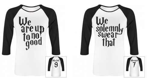 matching sweaters. "We solemnly swear that," on one, and "we are up to no good" on the other.