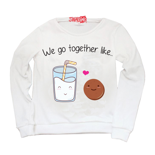 sweater says "We go together like..." followed by picture of cookie and milk with heart