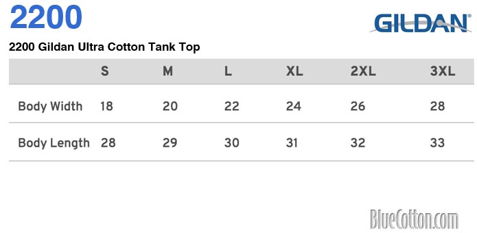 Size Chart for Gildan G220 Ultra Cotton Tank 