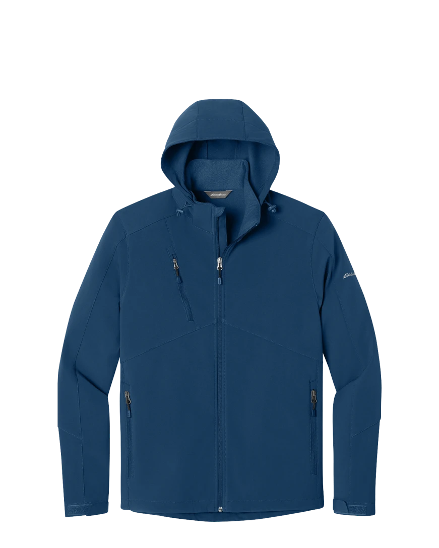 Model wearing a EB536 Eddie Bauer Hooded Soft Shell Parka