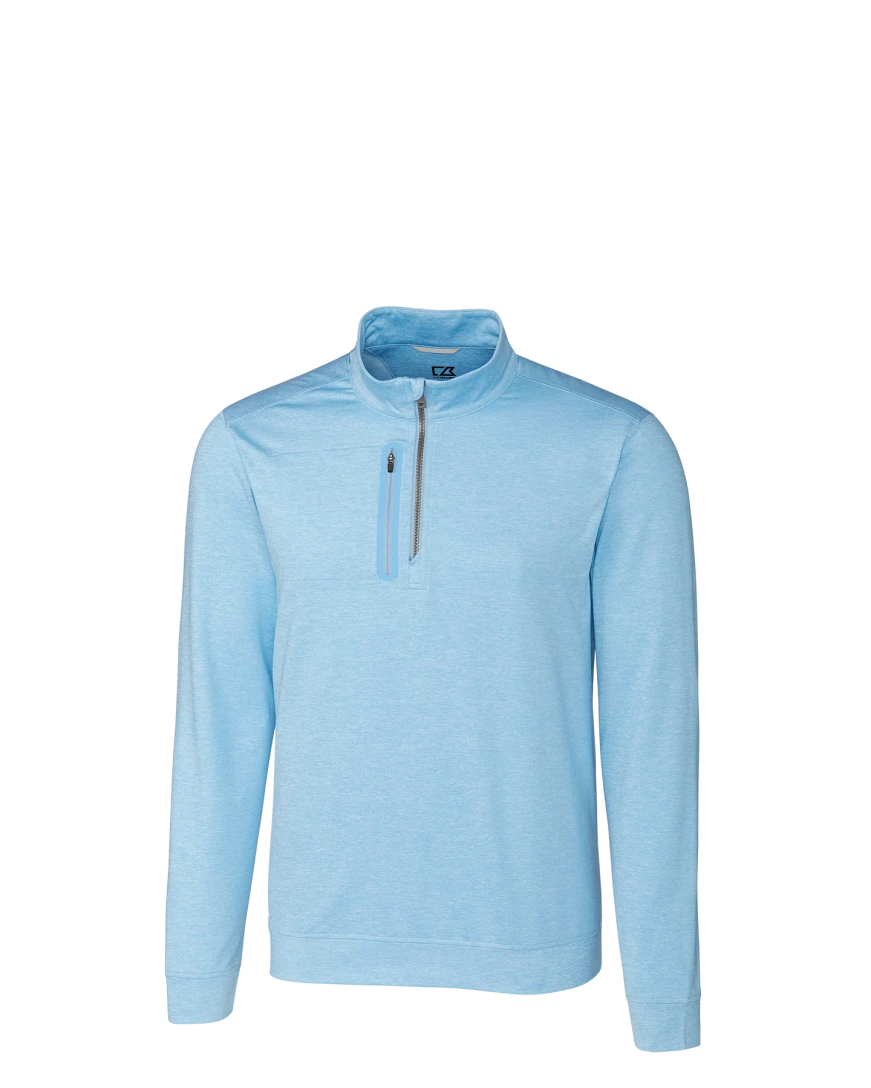 Model wearing a MCK09404 Cutter & Buck Stealth Heathered Quarter Zip Mens Pullover