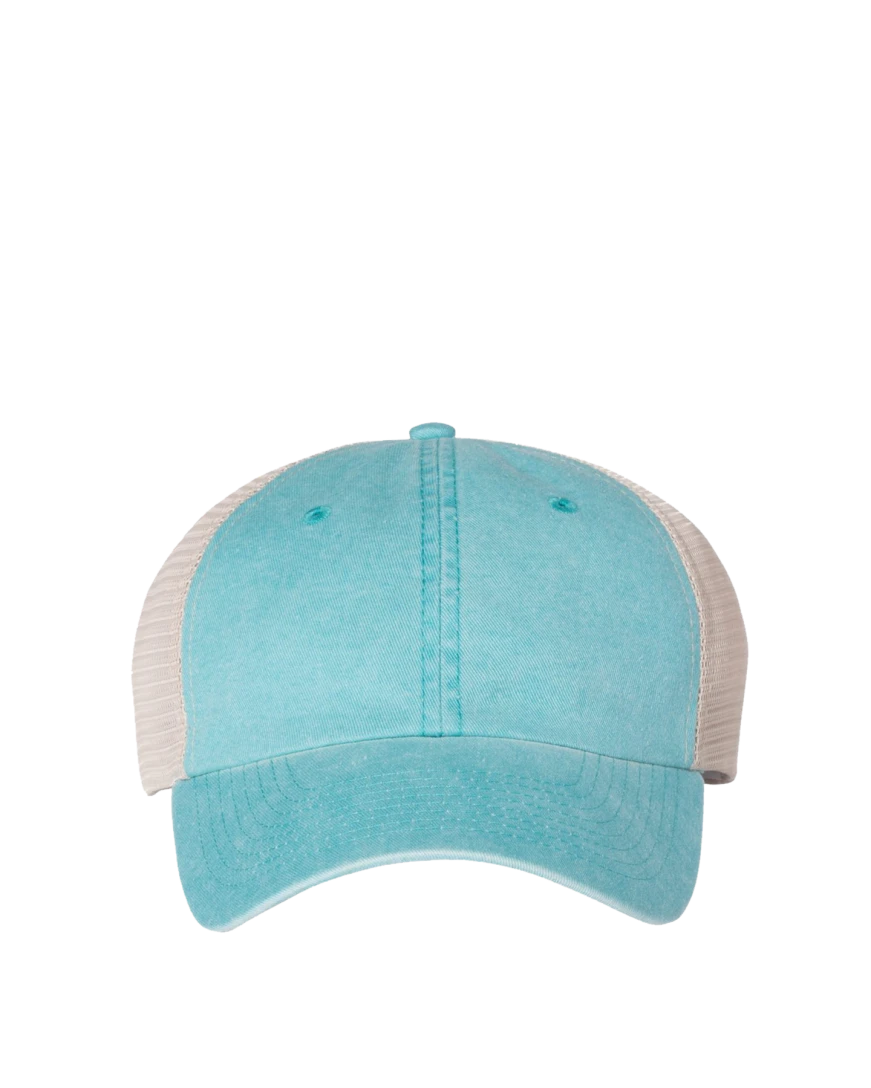 Model wearing a SP510 Sportsman Pigment-Dyed Trucker Cap