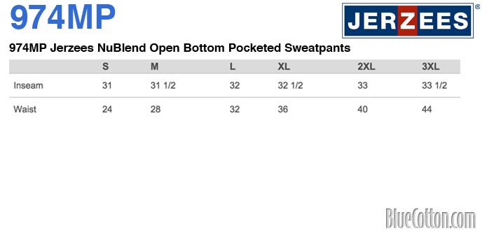 Jerzees 974MPR Size Chart • Jerzees Open Bottom Sweatpants with Pockets •  Jerzees Sweatpants • Jerzees 974