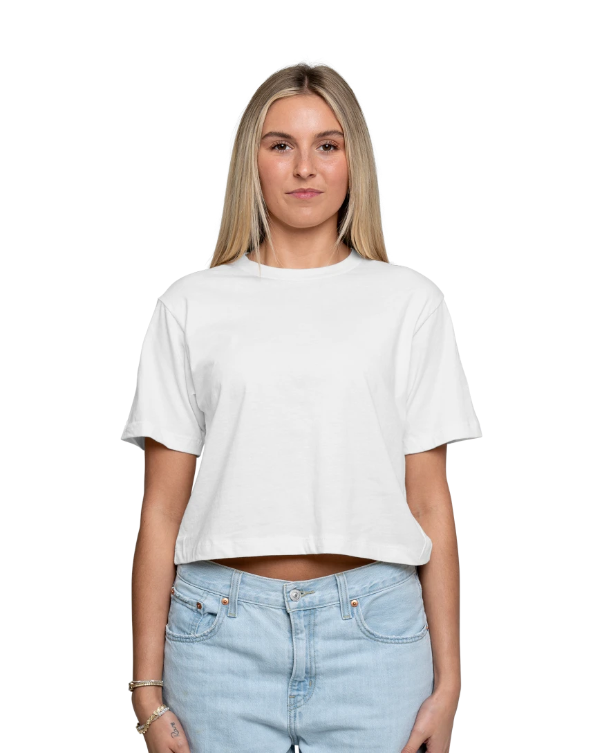 Image of a model wearing a 102 American Apparel Women's Fine Jersey Boxy Tee