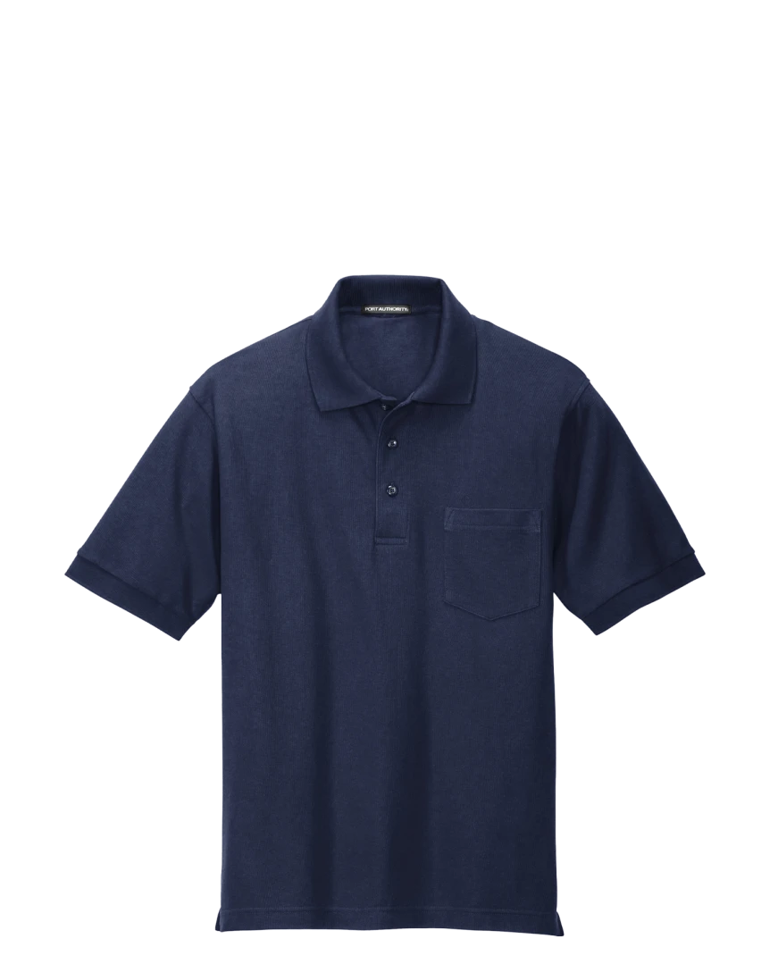Model wearing a K500P Port Authority Silk Touch Polo with Pocket