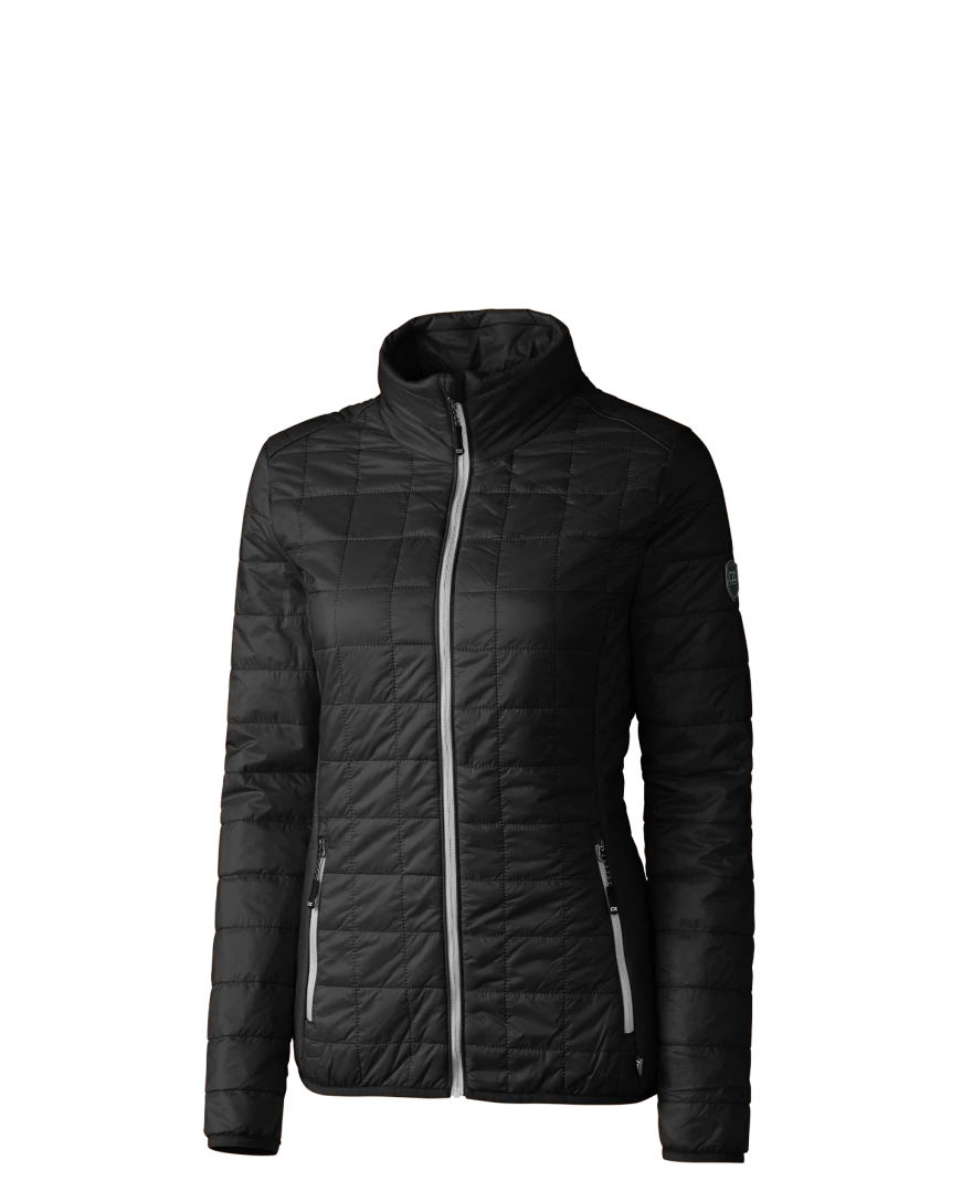 Model wearing a LCO00007 Cutter & Buck Rainier PrimaLoft® Womens Eco Insulated Full Zip Puffer Jacket