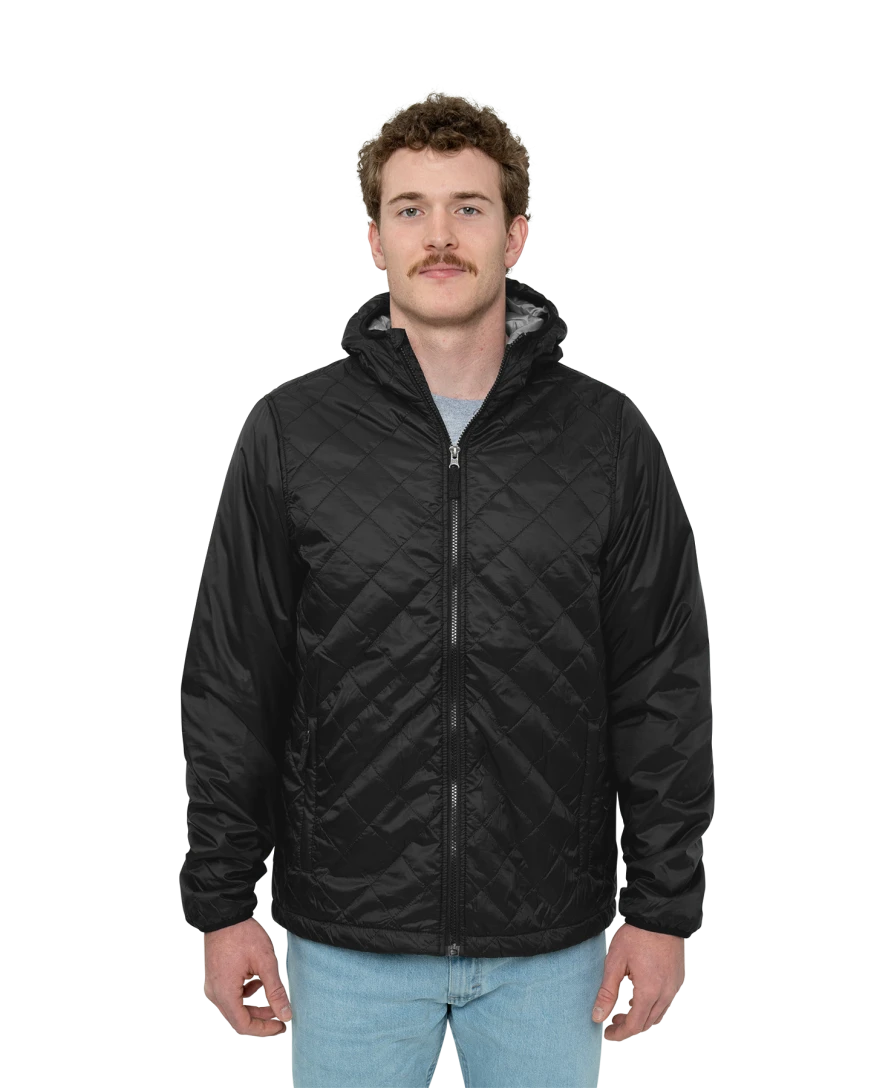 Model wearing a 9245 Charles River Men's Lithium Quilted Hooded Jacket
