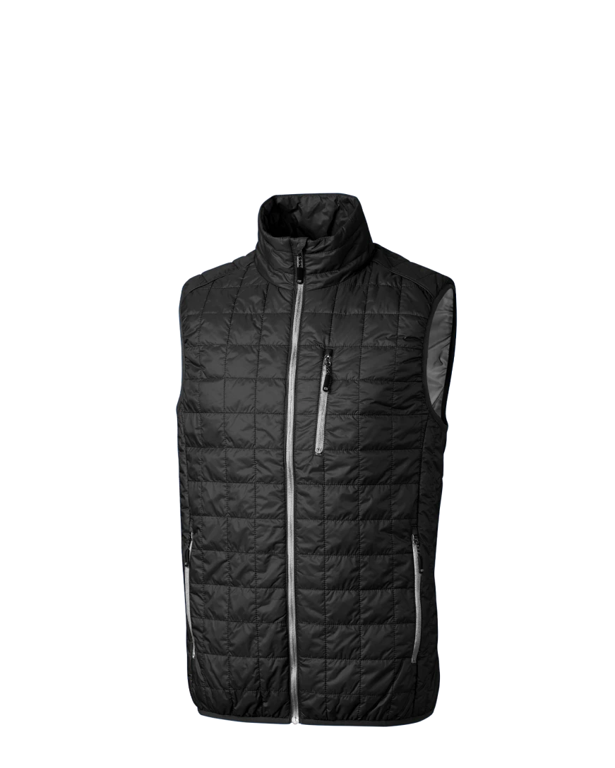 Model wearing a MCO00019 Cutter & Buck Rainier PrimaLoft® Mens Eco Insulated Full Zip Puffer Vest