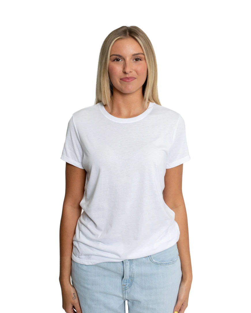 Model wearing a DM130L District Ladies Perfect Tri-Blend Crew Tee