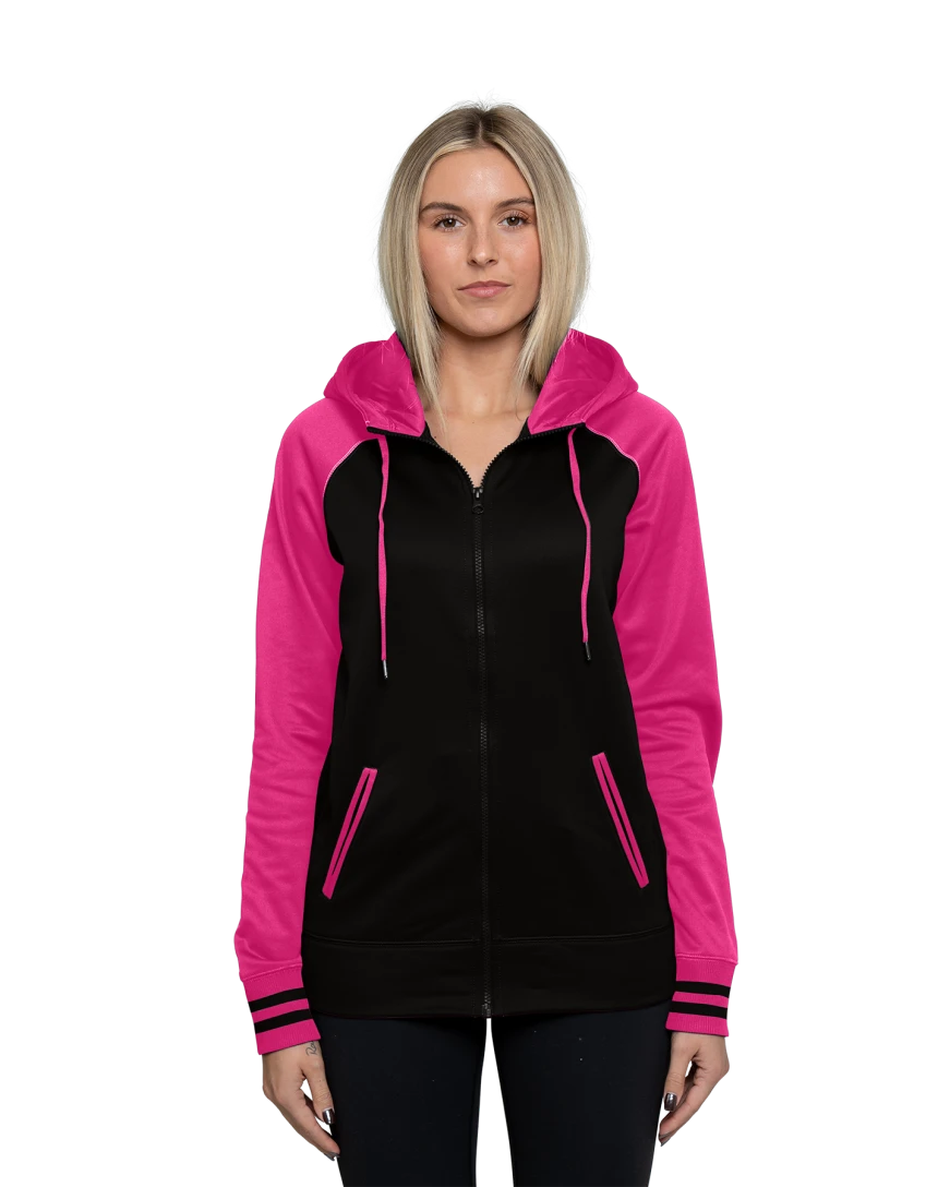 Model wearing a LST236 Sport-Tek Ladies Sport-Wick Varsity Fleece Full-Zip Hooded Jacket