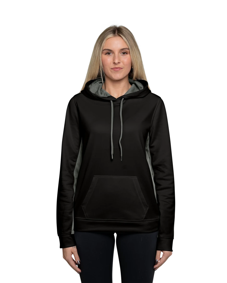 Model wearing a LST235 Sport-Tek Ladies Sport-Wick Fleece Colorblock Hooded Pullover