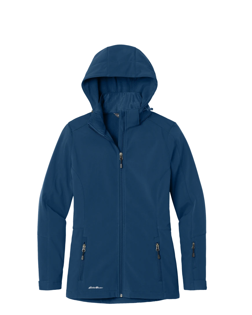 Model wearing a EB537 Eddie Bauer Ladies Hooded Soft Shell Parka