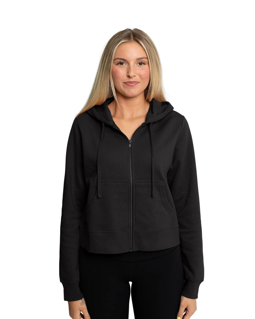 Model wearing a DT6103 District® Women’s V.I.T.™ Fleece Full-Zip Hoodie