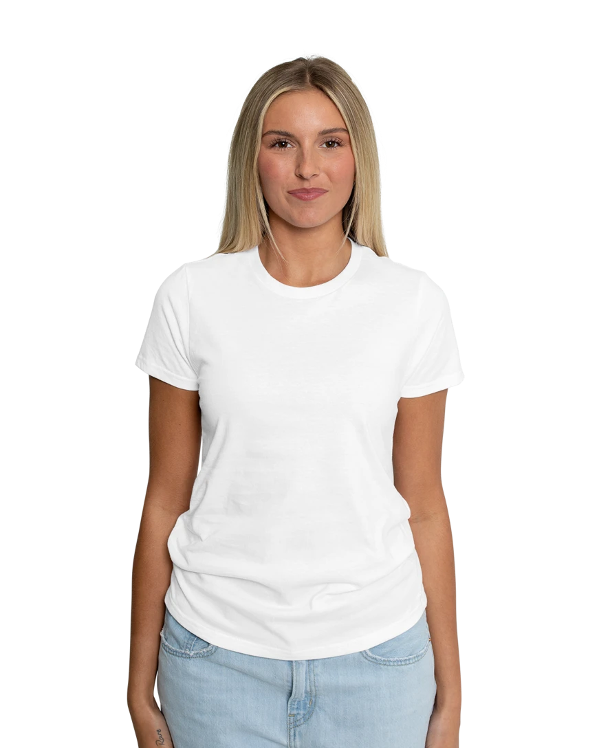 Model wearing a 5000L Gildan Ladies Heavy Cotton Tee