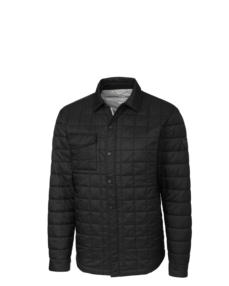 Model wearing a MCO00032 Cutter & Buck Rainier PrimaLoft® Mens Eco Insulated Quilted Shirt Jacket
