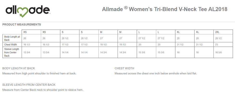 Size chart for a AL2018 Allmade® Women’s Tri-Blend V-Neck Tee