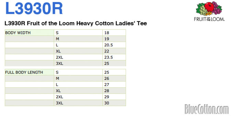 Size chart for a L3930R Fruit of the Loom HD Cotton Ladies' Tee