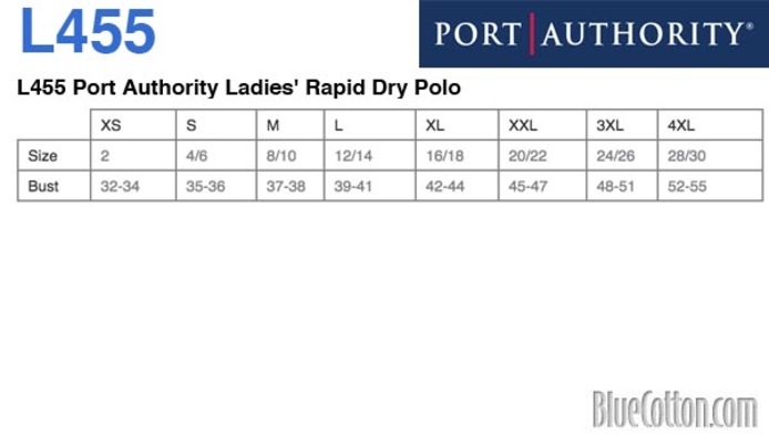 Size chart for a L455 Port Authority Ladies' Rapid Dry Polo