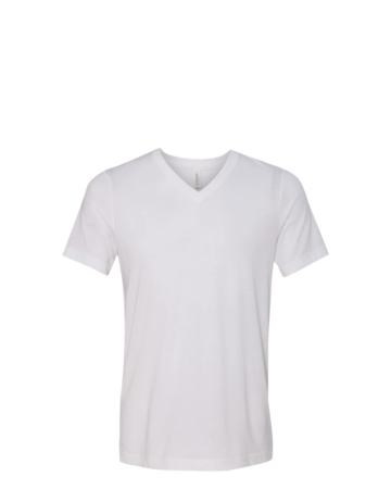 Model wearing a 3415C Bella + Canvas Unisex Tri-Blend Short-Sleeve V-Neck T-Shirt