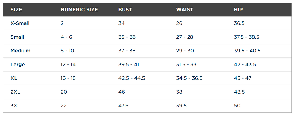 Size chart for a LCK00199 Cutter & Buck Forge Eco Stretch Recycled Womens Short Sleeve Polo