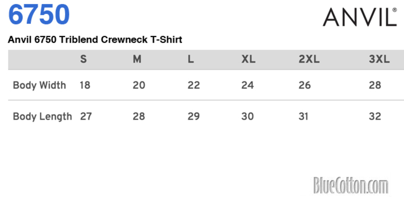 Size chart for a Gildan 6750 Triblend Crewneck T-Shirt