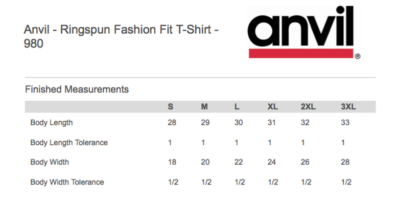 Size chart for a 980 Anvil Ringspun Tee Overstock