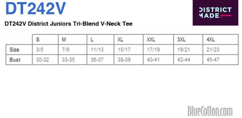 Size chart for a DT242V District Juniors Tri-Blend V-Neck Tee