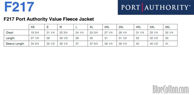 Size chart for a F217 Port Authority - Value Fleece Jacket