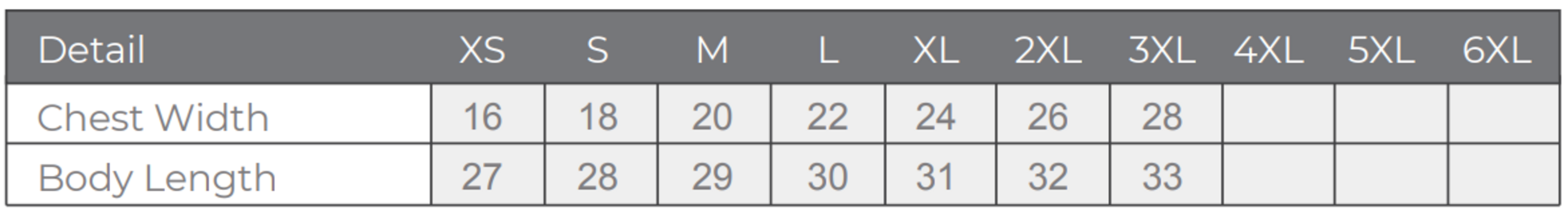 Size chart for a MC1040 Cotton Heritage Unisex Short Sleeve T-Shirt