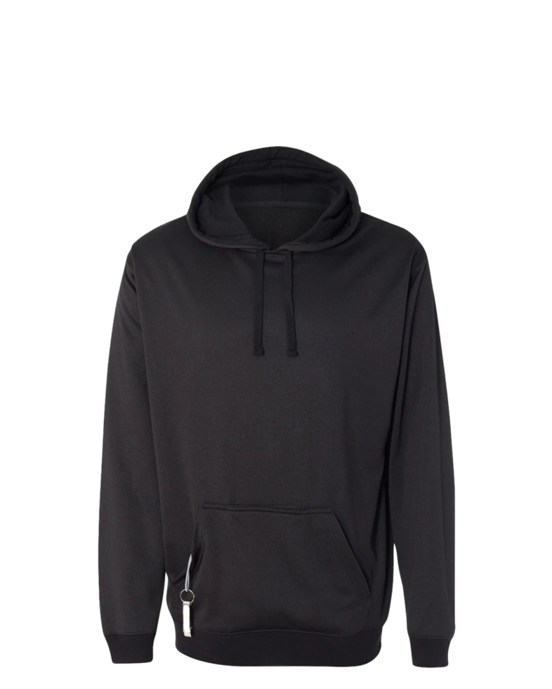 Image of a model wearing a 8615 J. America Tailgate Polyester Hooded Pullover Sweatshirt