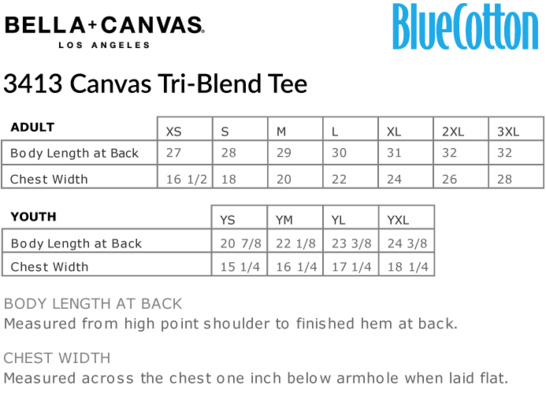 Size chart for a 3413 Bella + Canvas Tri-Blend Tee